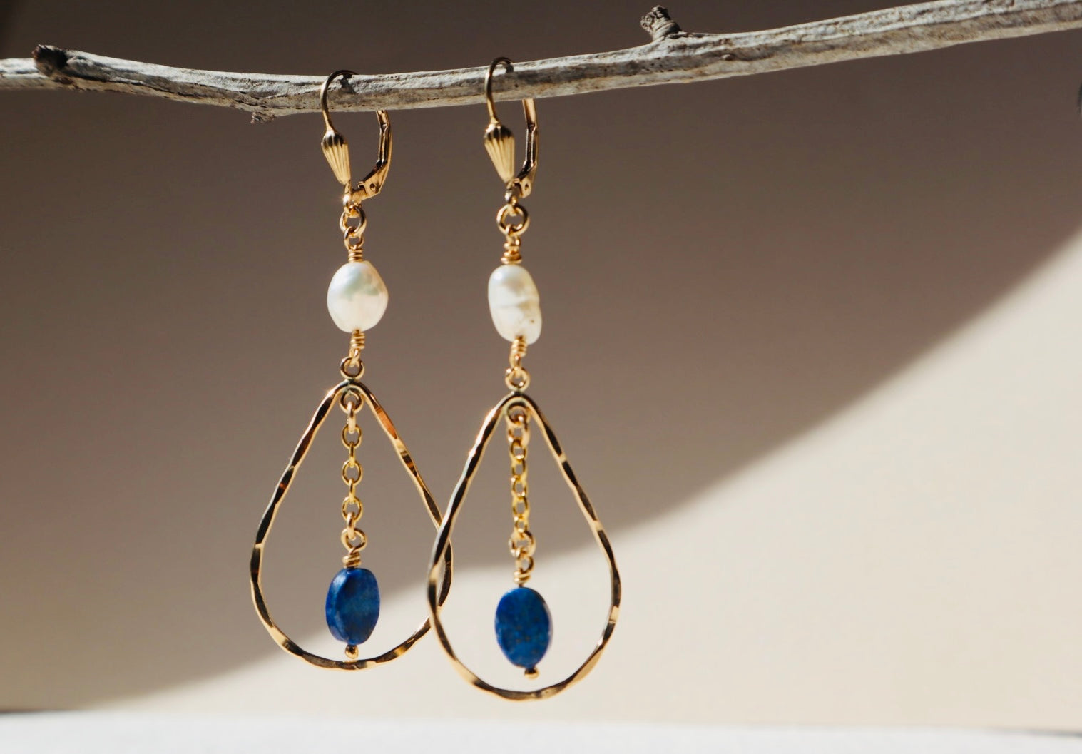 14k gold-filled Hammered Teardrop Lapis  Lazuli and Pearl Earrings