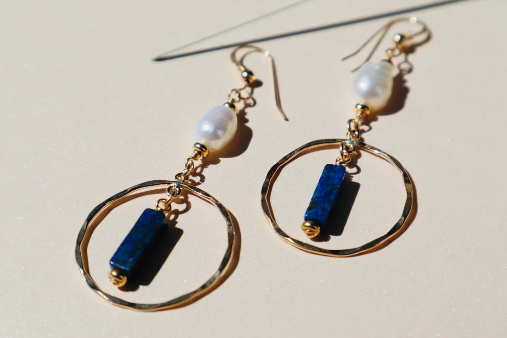 14k gold-filled Hammered Hoop Pearl and Lapis Lazuli Chandelier Earrings