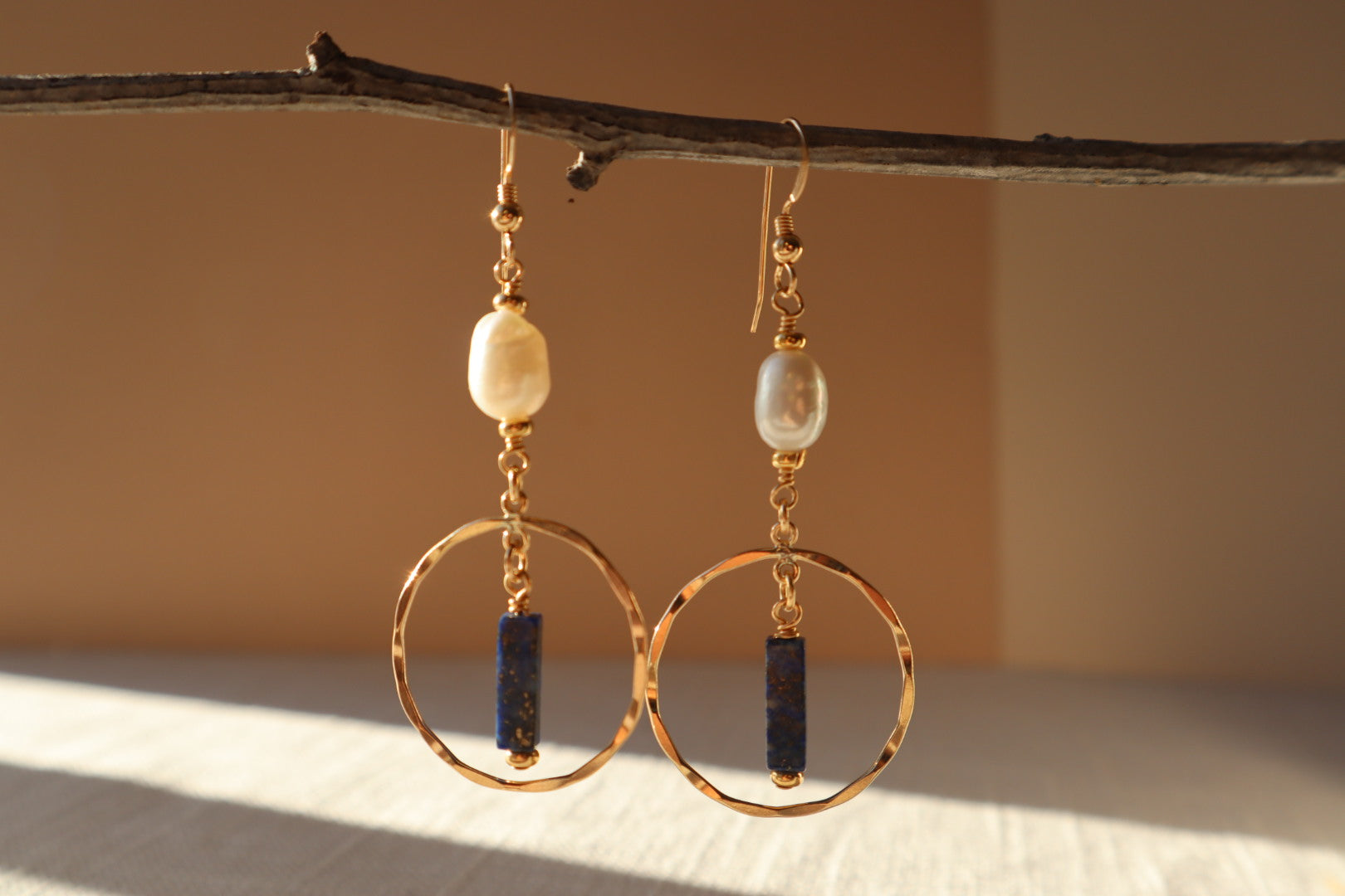 14k gold-filled Hammered Hoop Pearl and Lapis Lazuli Chandelier Earrings