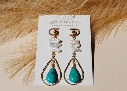 Freshwater pearl, turquoise, and hammered gold chandelier earrings — Hathor earrings by Hera Jewels.