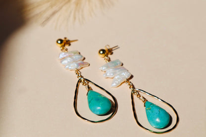 Freshwater pearl, turquoise, and hammered gold chandelier earrings — Hathor earrings by Hera Jewels.