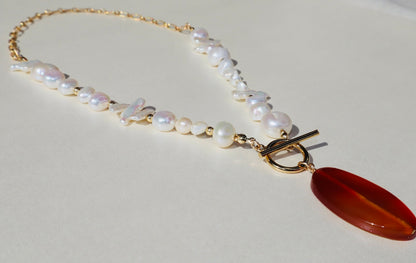14k gold-filled partial chain with toggle clasp- Carnelian Pendant- Pearl Necklace