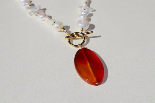 14k gold-filled toggle clasp Carnelian Pendant- Pearl Necklace