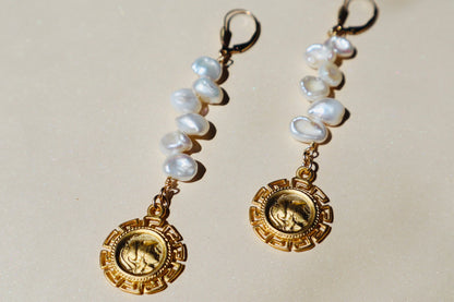 14k Gold-filled and vermeil Biwa Pearl Coin Pendant drop earrings