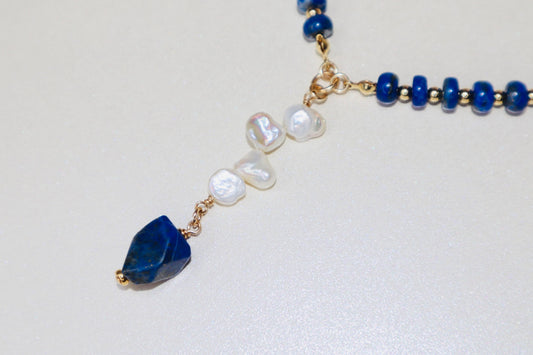 14k gold-filled Lapis Lazuli and Baroque Pearl drop Necklace