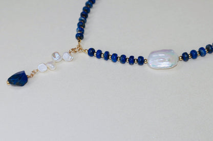 14k gold-filled Lapis Lazuli and Baroque Pearl drop Necklace