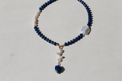 14k gold-filled Lapis Lazuli and Baroque Pearl drop Necklace