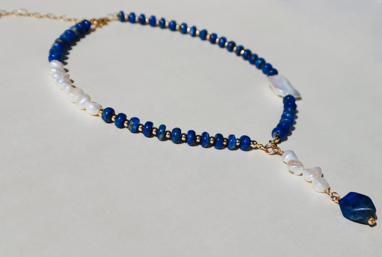 14k gold-filled Lapis Lazuli and Baroque Pearl drop Necklace