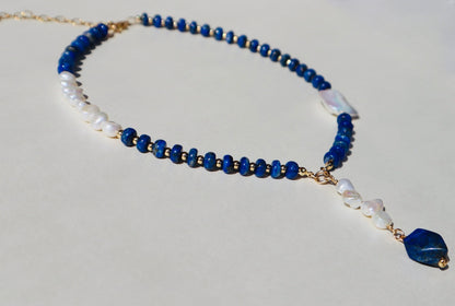 14k gold-filled Lapis Lazuli and Baroque Pearl drop Necklace