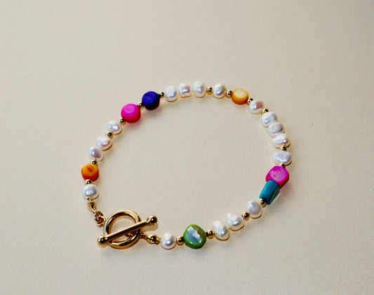 14k gold-filled Toggle Clasp Pearl and colorful mother of pearl Bracelet