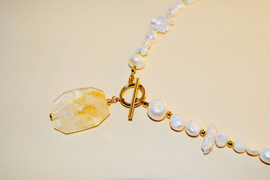 14k gold-filled Citrine Pendant- Baroque Pearl Necklace