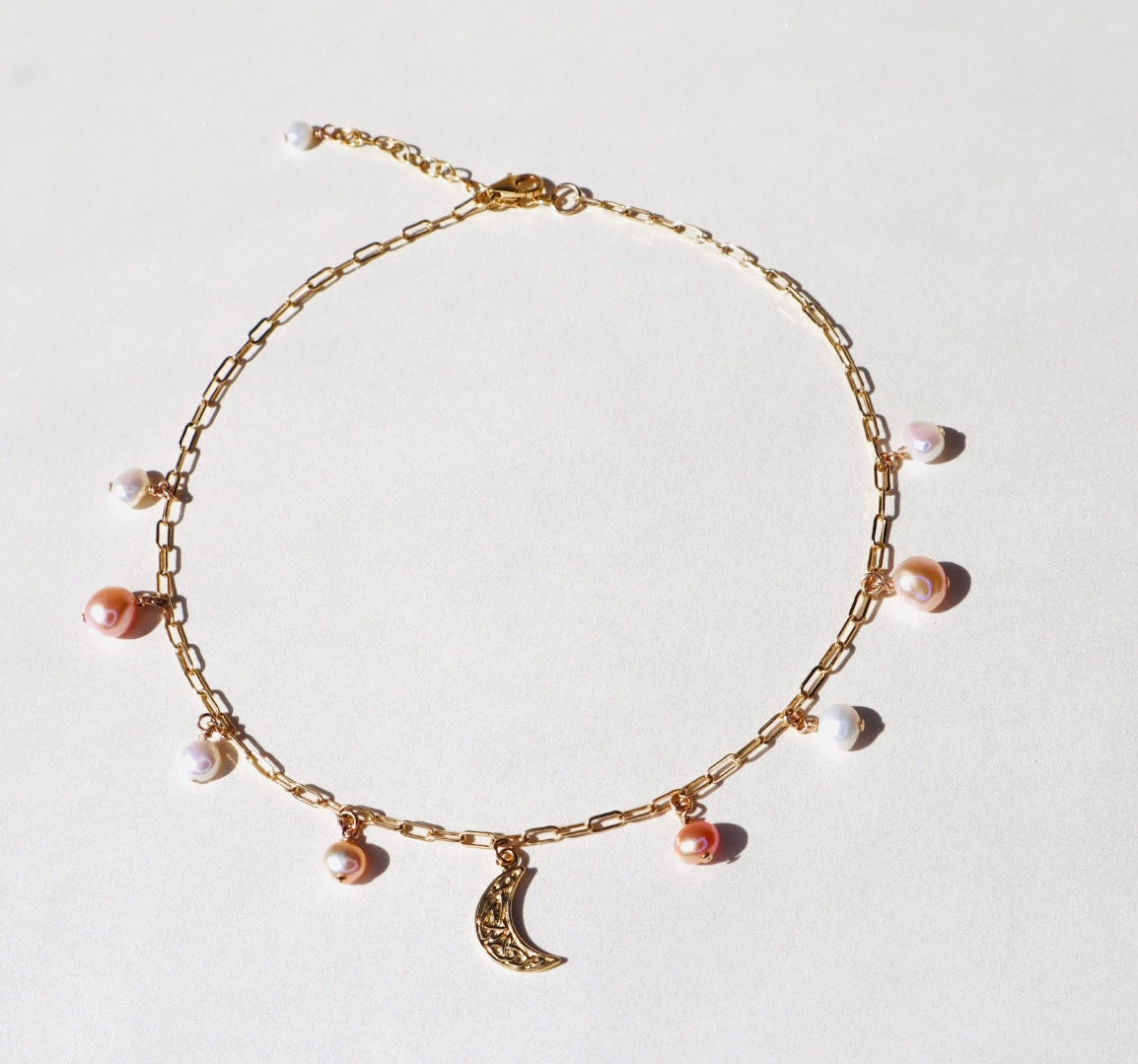 14k gold-filled chain pearl necklace with vermeil crescent moon pendant