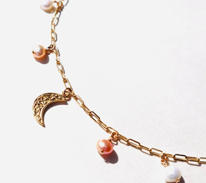 14k gold-filled chain pearl necklace with vermeil crescent moon pendant