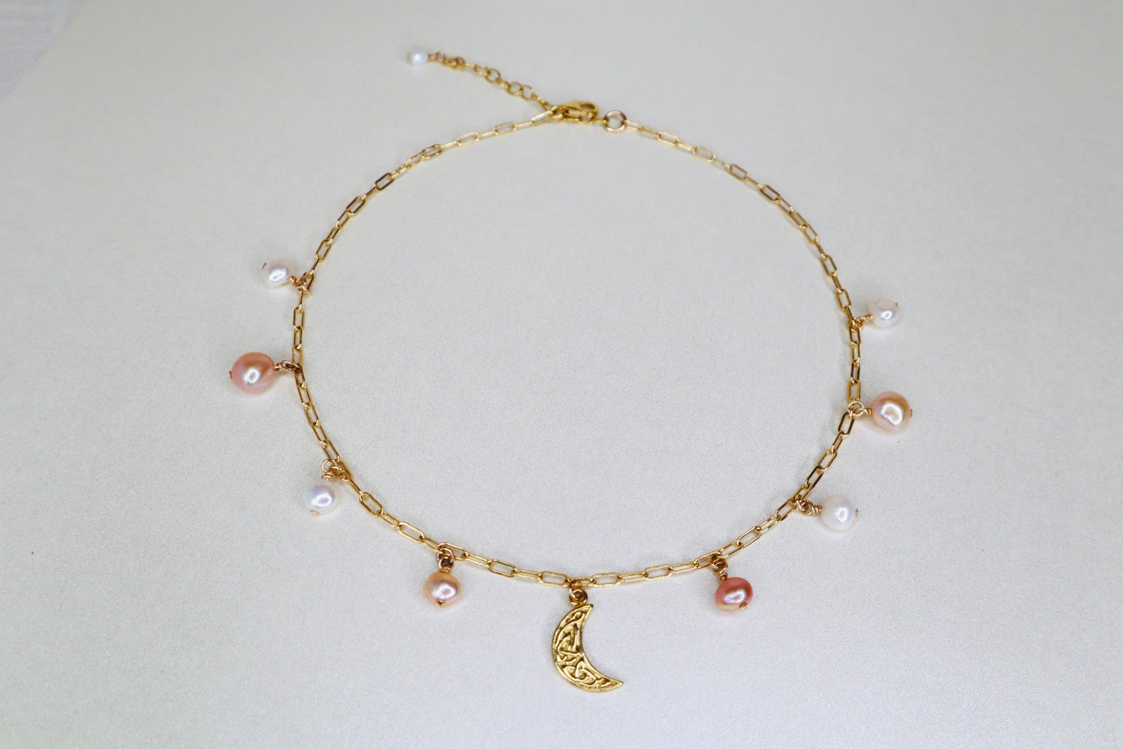 14k gold-filled chain pearl necklace with vermeil crescent moon pendant