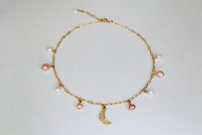 14k gold-filled chain pearl necklace with vermeil crescent moon pendant