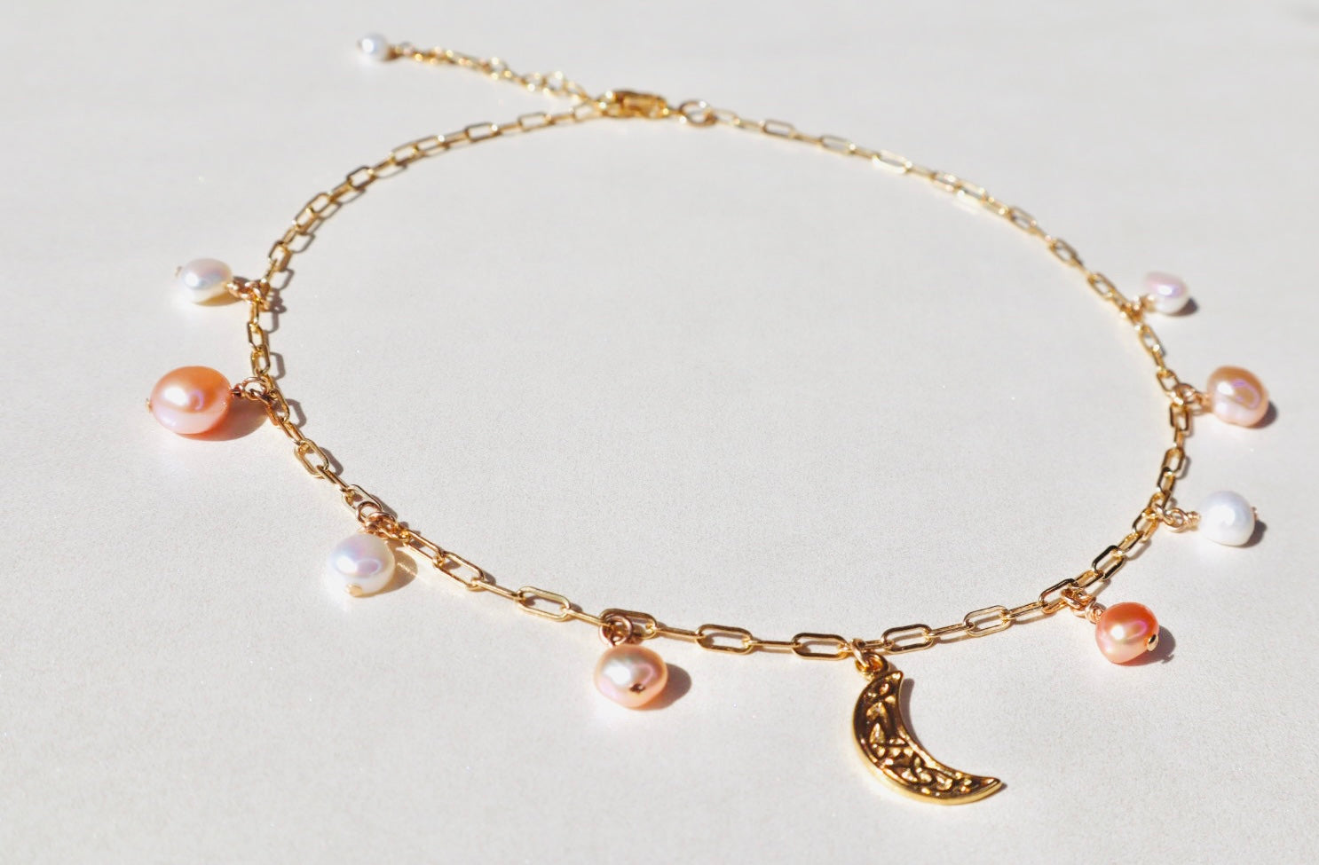 14k gold-filled chain pearl necklace with vermeil crescent moon pendant