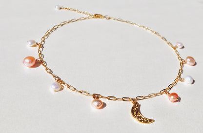 14k gold-filled chain pearl necklace with vermeil crescent moon pendant