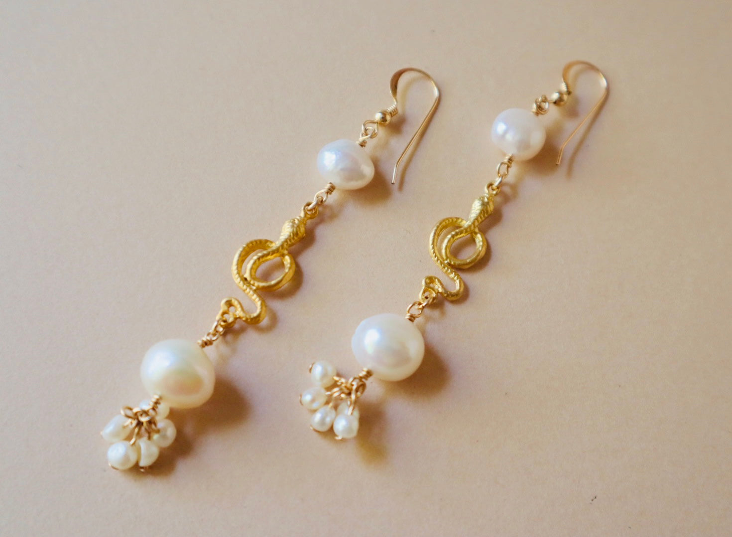 14k gold -filled pearl and 18k vermeil gold snake drop earrings
