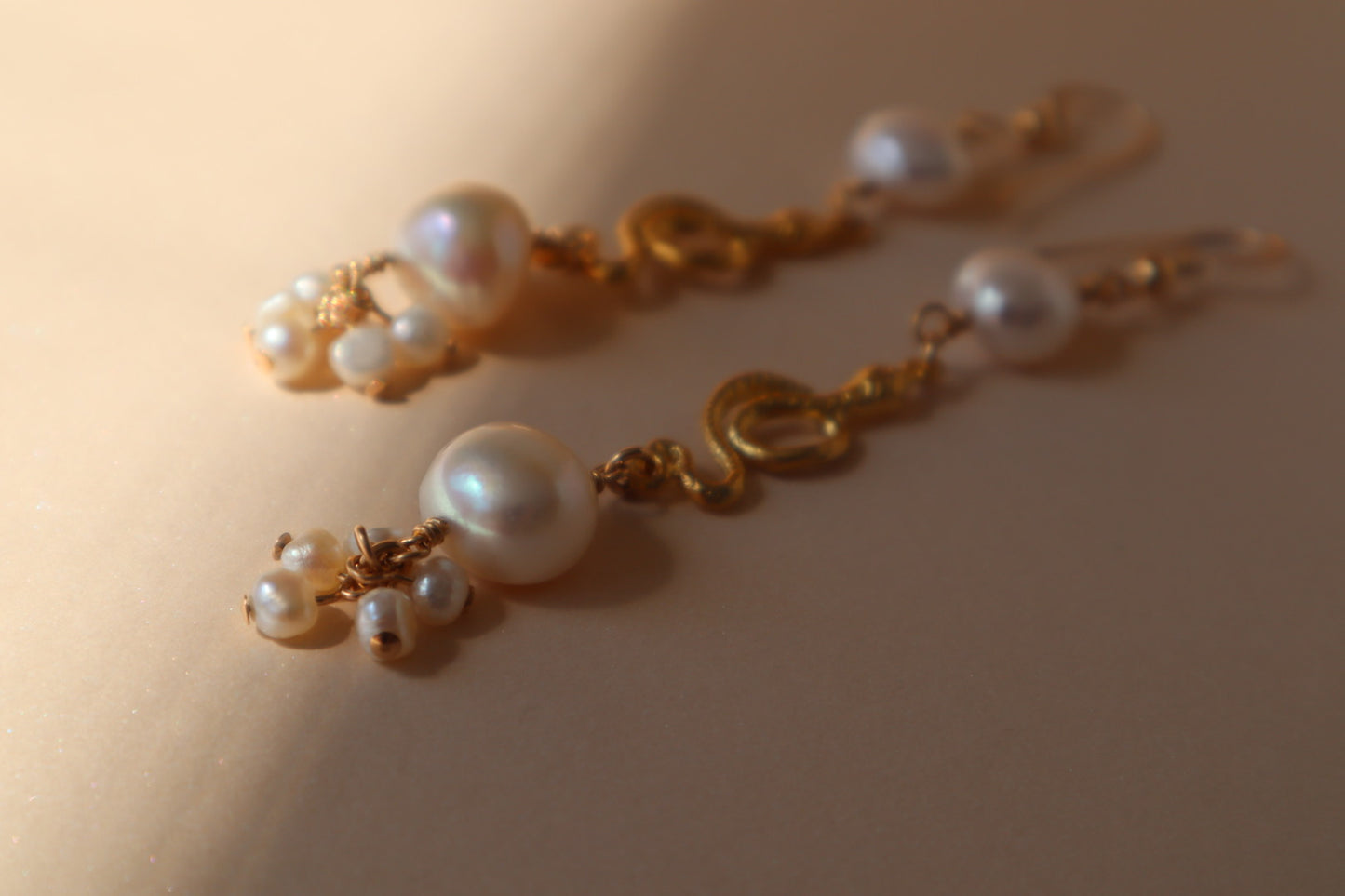 14k gold -filled pearl and 18k vermeil gold snake drop earrings