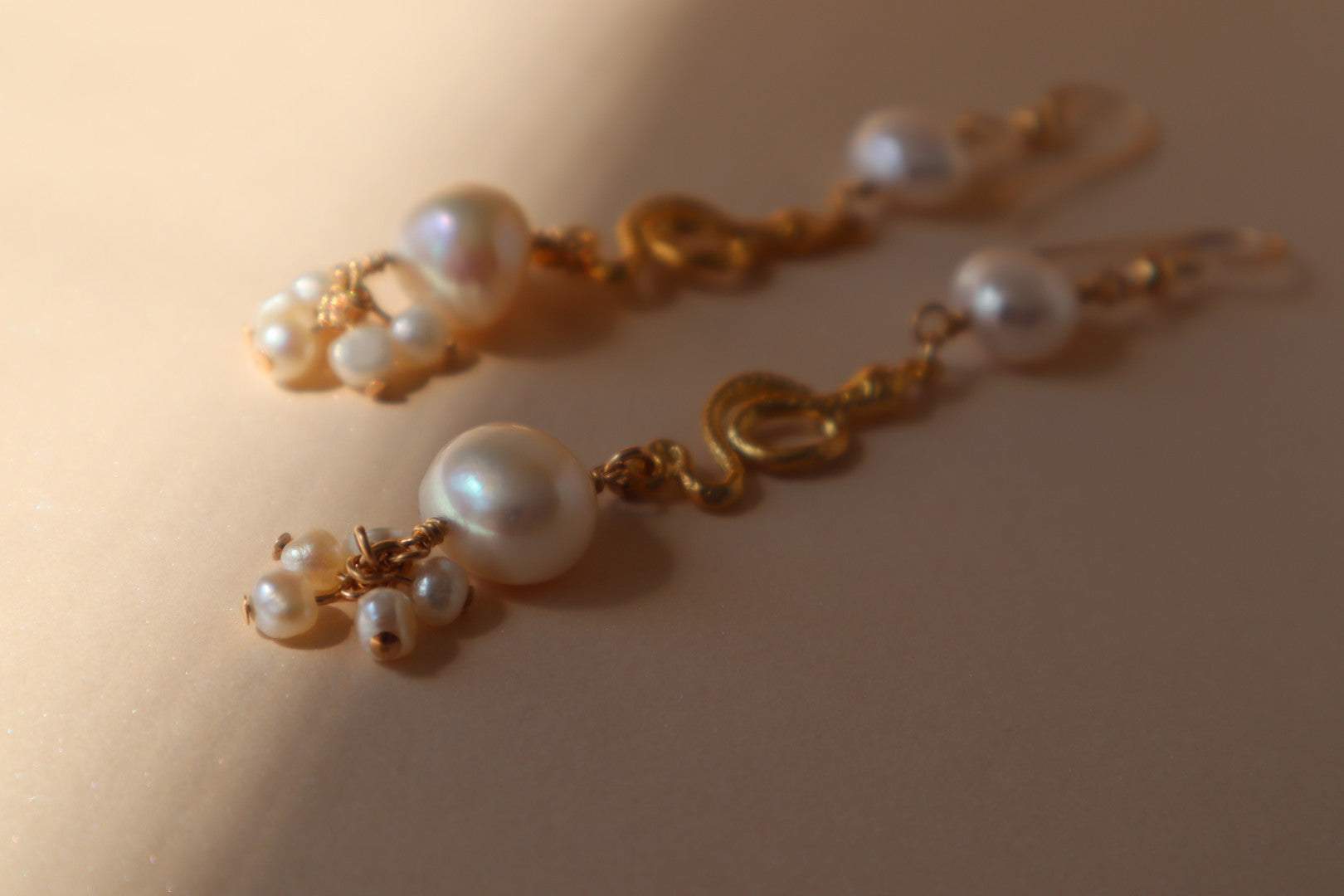 14k gold -filled pearl and 18k vermeil gold snake drop earrings