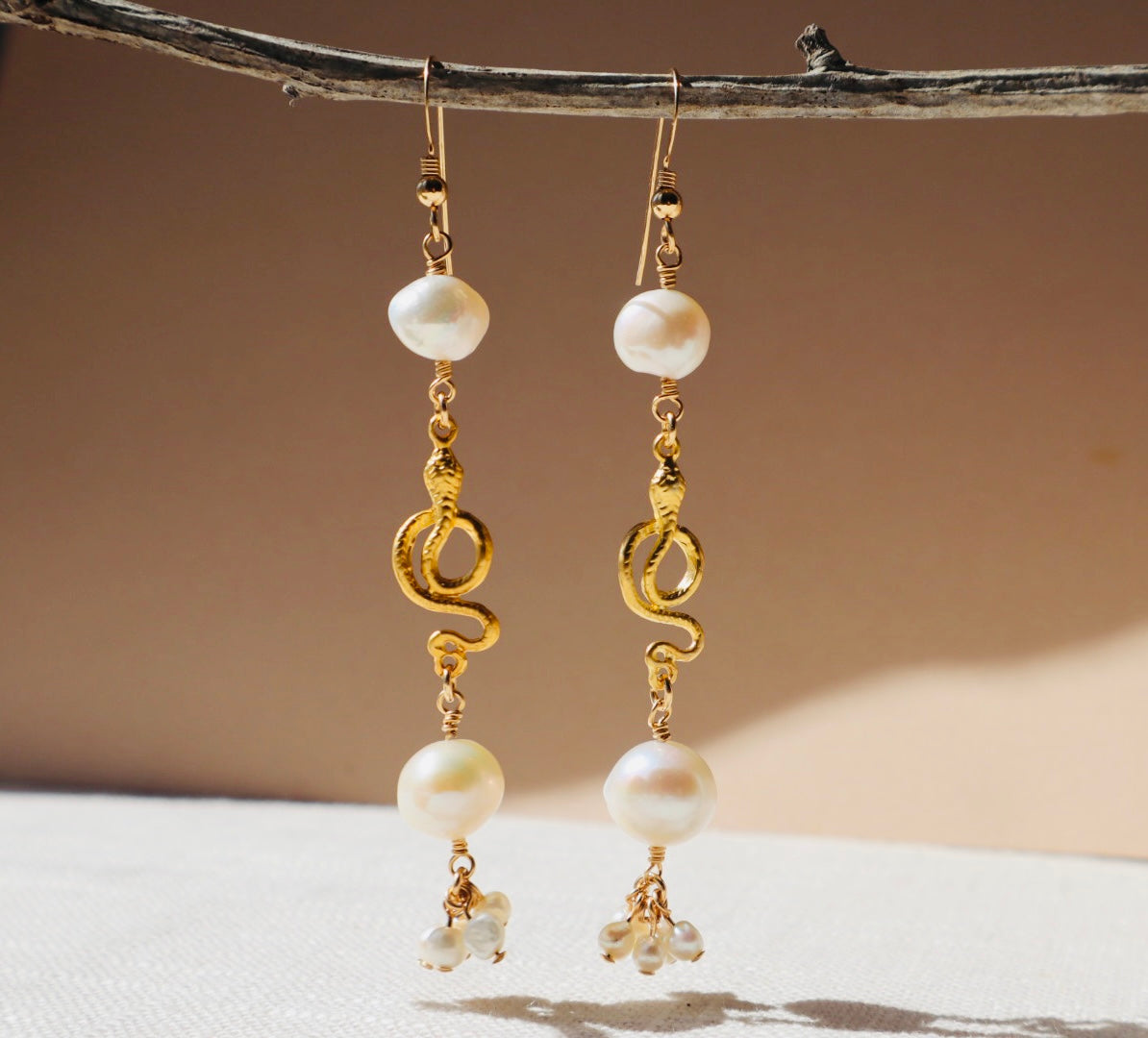 14k gold -filled pearl and 18k vermeil gold snake drop earrings