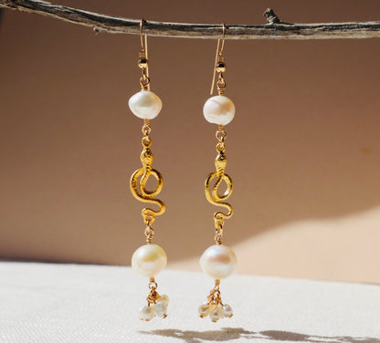 14k gold -filled pearl and 18k vermeil gold snake drop earrings