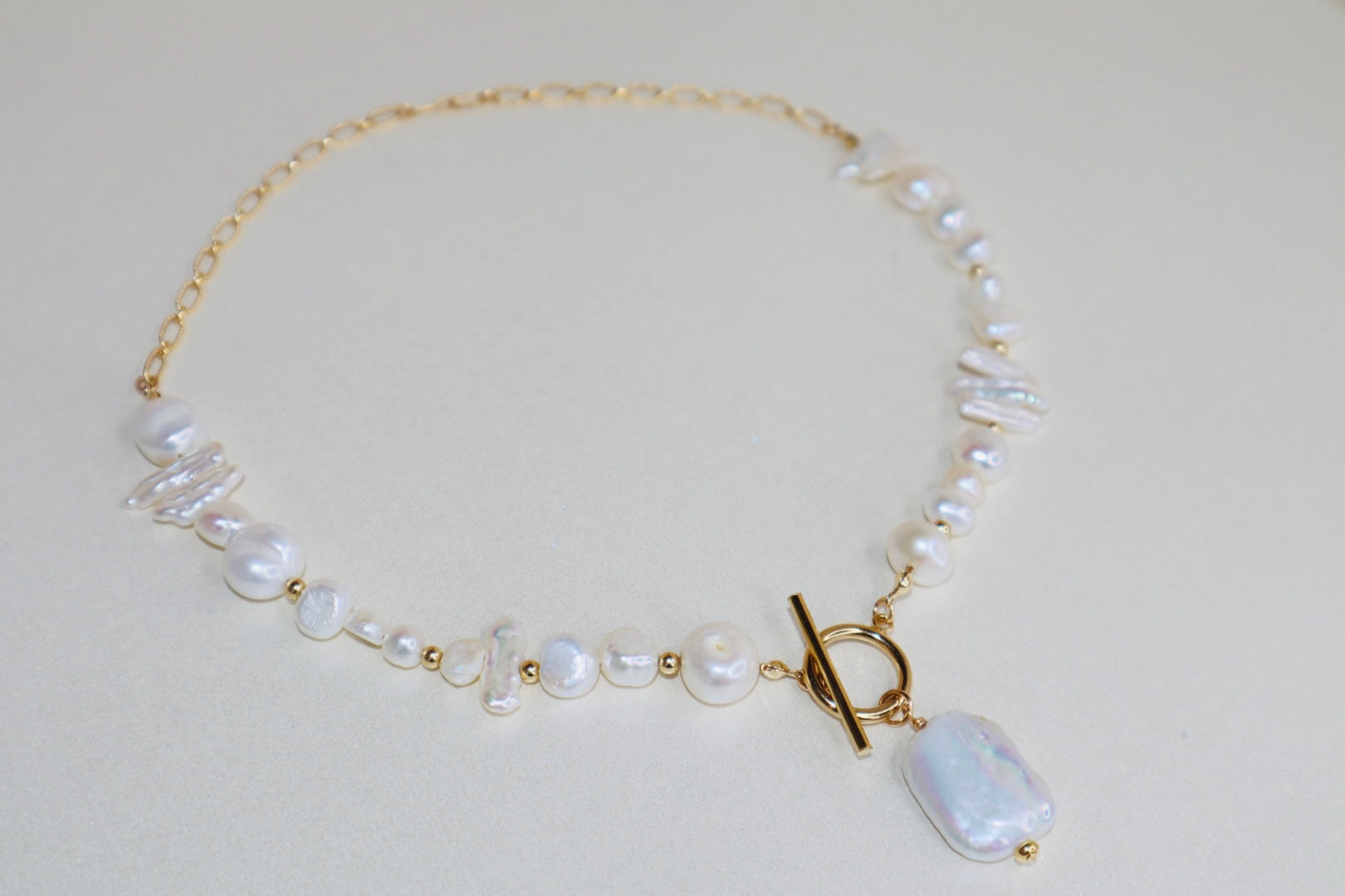 14k Gold-Filled Partial Cable Chain Baroque Pearl -Toggle Clasp Necklace