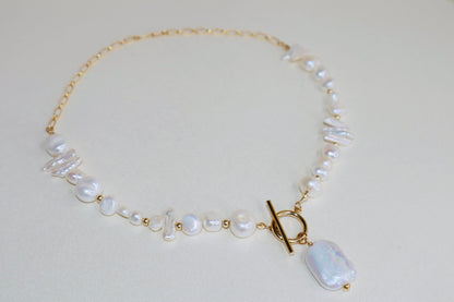 14k Gold-Filled Partial Cable Chain Baroque Pearl -Toggle Clasp Necklace