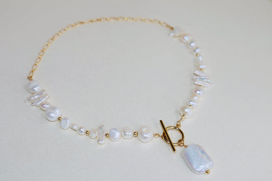 14k Gold-Filled Partial Cable Chain Baroque Pearl -Toggle Clasp Necklace