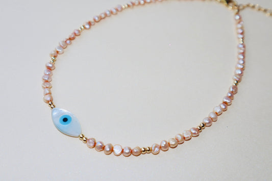 14k gold-filled Evil Eye Pink Pearl Choker