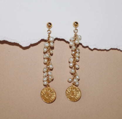 14k gold-filled Pearl drop earrings-18k vermeil gold Sun Pendant 