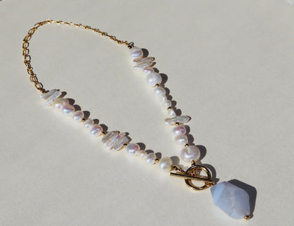 14k gold-filled toggle clasp necklace- blue lace agate pendant and baroque and keshi pearls