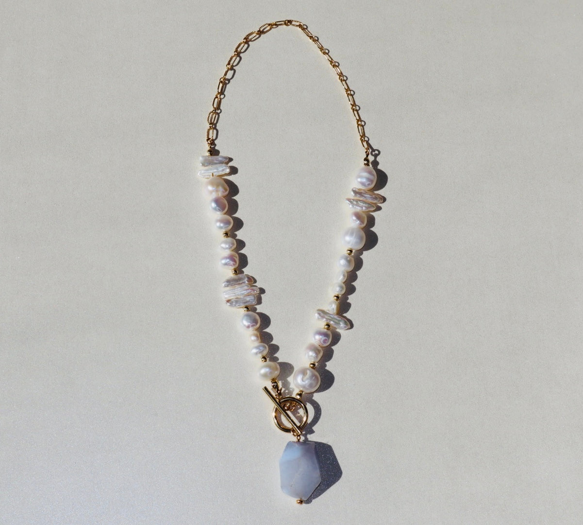 14k gold-filled toggle clasp necklace- blue lace agate pendant and baroque and keshi pearls