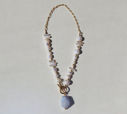 14k gold-filled toggle clasp necklace- blue lace agate pendant and baroque and keshi pearls