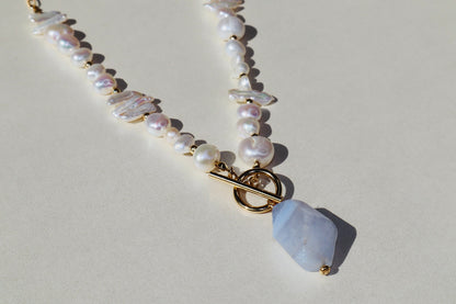 14k gold-filled toggle clasp necklace- blue lace agate pendant and baroque and keshi pearls