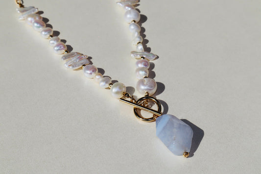 14k gold-filled toggle clasp necklace- blue lace agate pendant and baroque and keshi pearls