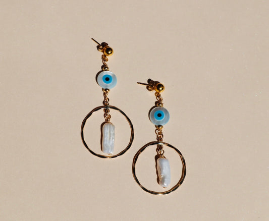 Gold-filled evil eye protective earrings — Soteria earrings by Hera Jewels.