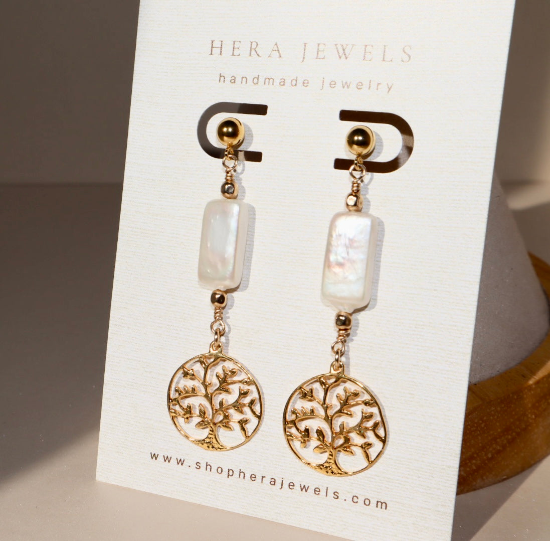 Freshwater pearl and gold Tree of Life stud earrings — Tree of Life earrings by Hera Jewels.