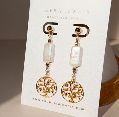 Freshwater pearl and gold Tree of Life stud earrings — Tree of Life earrings by Hera Jewels.