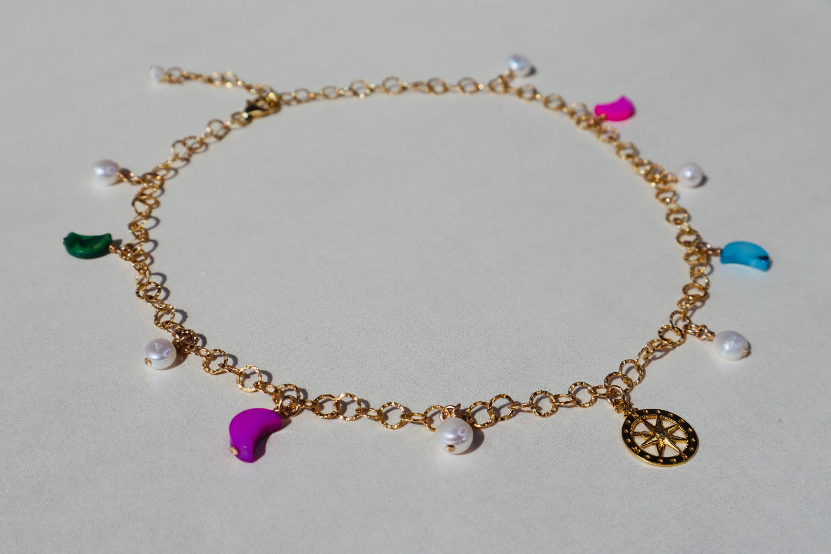 14k gold-filled compass pendant fancy gold chain necklace with colorful mother of pearl crescent moon and baroque pearls choker