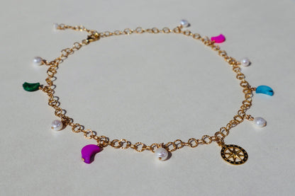 14k gold-filled compass pendant fancy gold chain necklace with colorful mother of pearl crescent moon and baroque pearls choker