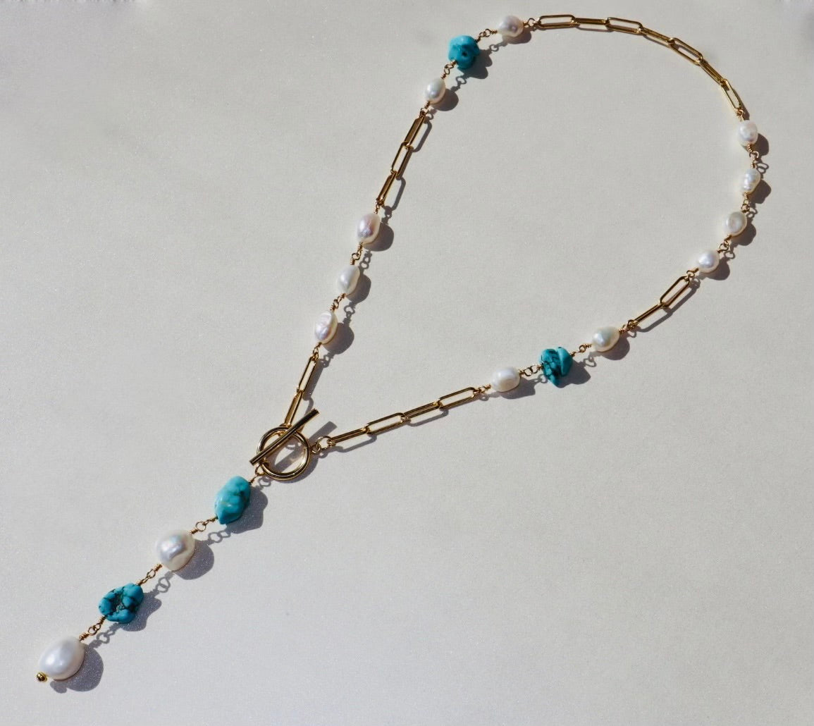 14k gold-filled Natural Turquoise and Baroque Pearl- Gold Paperclip Drop Chain Necklace