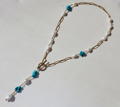14k gold-filled Natural Turquoise and Baroque Pearl- Gold Paperclip Drop Chain Necklace