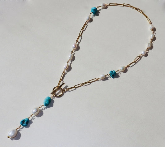 14k gold-filled Natural Turquoise and Baroque Pearl- Gold Paperclip Drop Chain Necklace