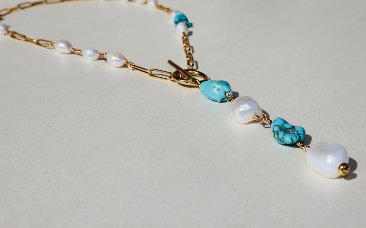 14k gold-filled Natural Turquoise and Baroque Pearl- Gold Paperclip Drop Chain Necklace