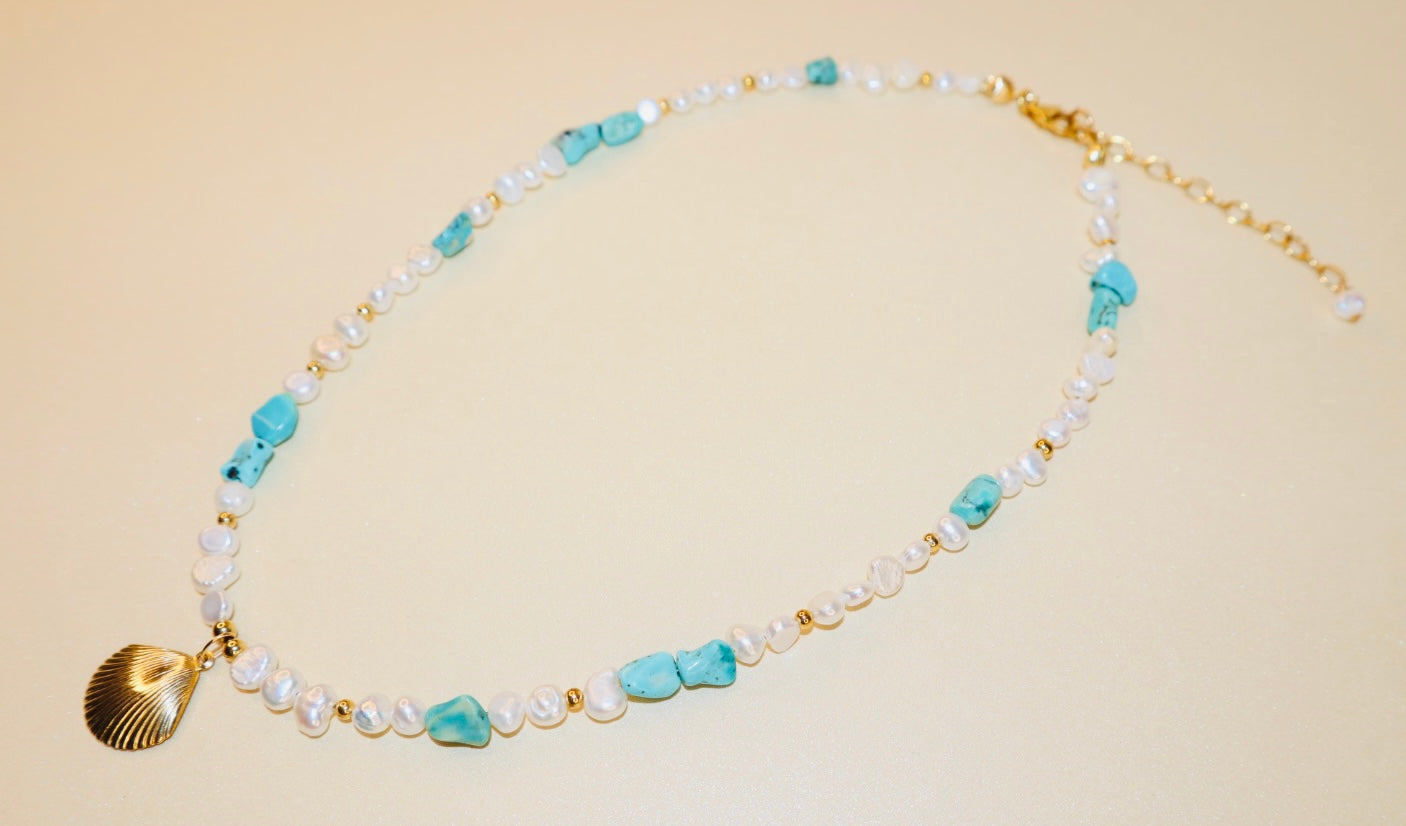 14k Gold-filled Turquoise and Baroque Pearl Necklace with Gold Shell Pendant