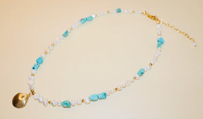 14k Gold-filled Turquoise and Baroque Pearl Necklace with Gold Shell Pendant