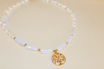 Gold Tree of Life pendant with freshwater pearl on gold chain — Athena necklace by Hera Jewels.
