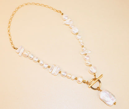 14k Gold-Filled Partial Cable Chain Baroque Pearl -Toggle Clasp Necklace