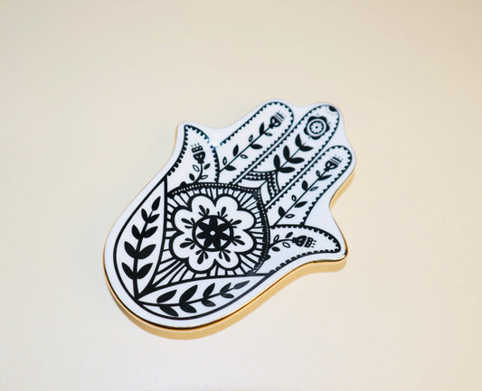 Trinket Ring Dish- Small Hamsa black and white